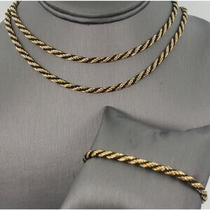 Vintage Trifari Twisted Rope Necklace and Bracelet Set – Black & Goldtone Metal